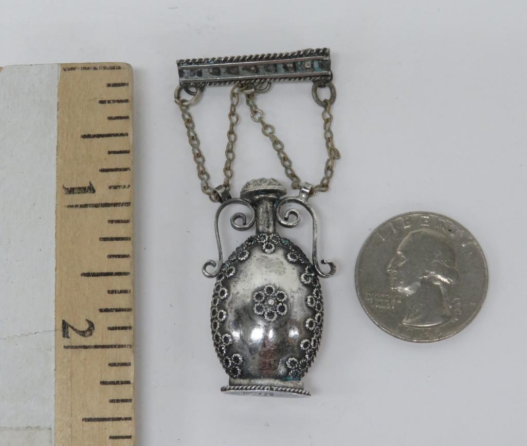 Lovely silver perfume bottle scent pin, 2 1/2"