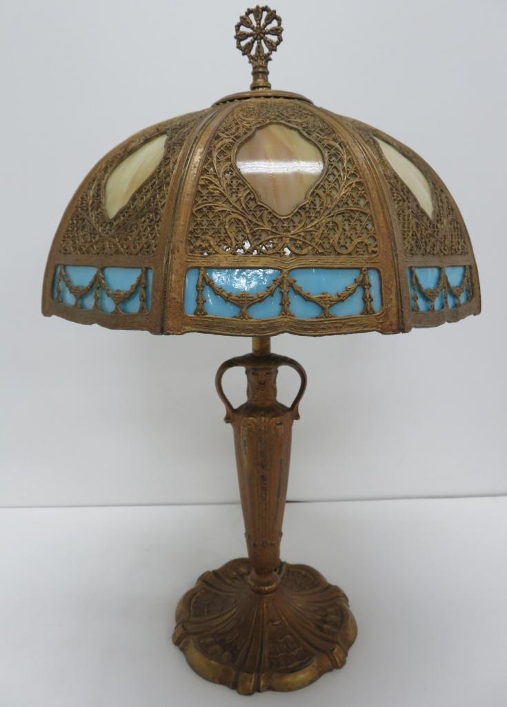 Lovely slag glass with ornate metal overlay table lamp, 24" tall with finial - DOES NOT SHIP