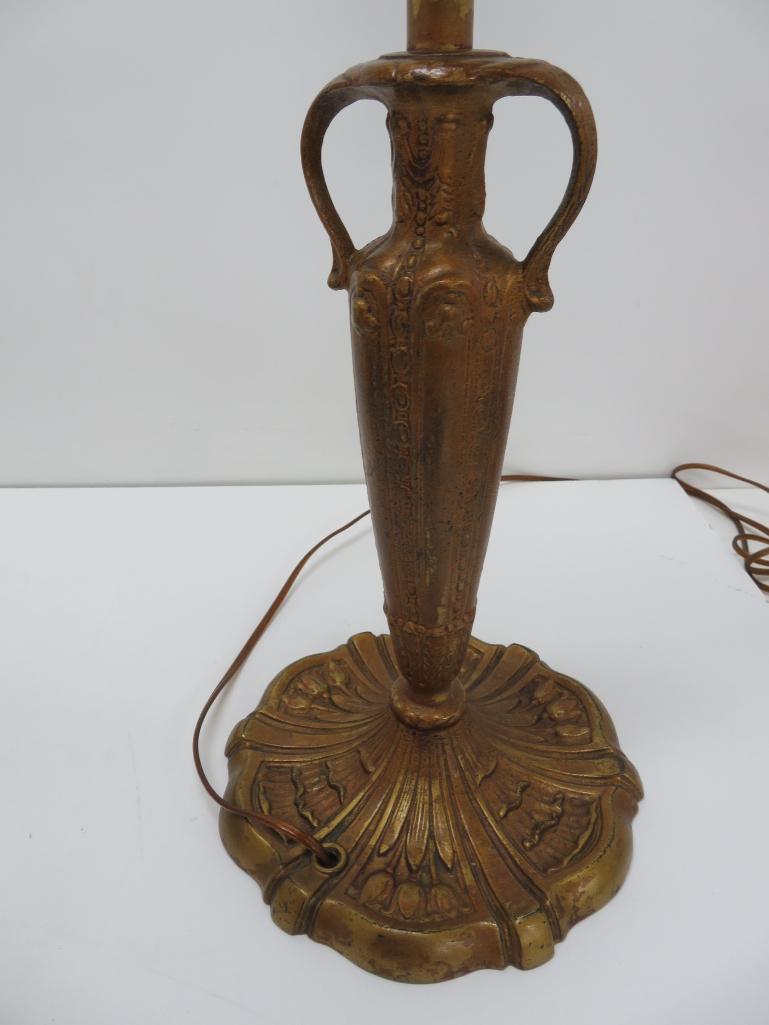 Lovely slag glass with ornate metal overlay table lamp, 24" tall with finial - DOES NOT SHIP