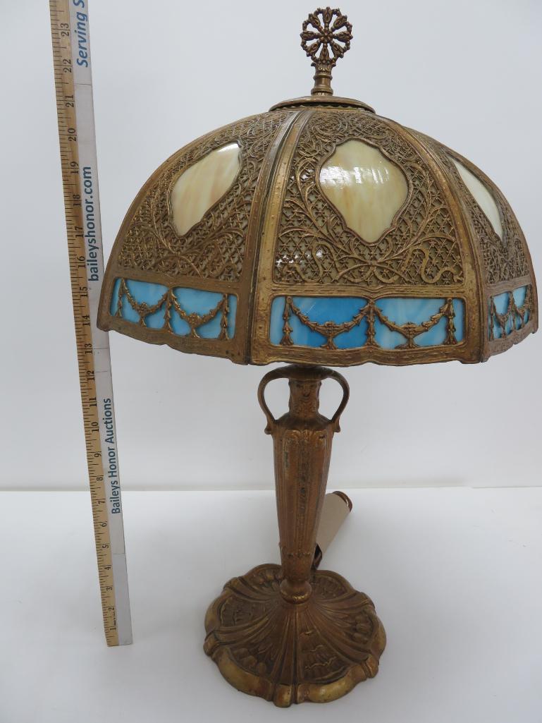 Lovely slag glass with ornate metal overlay table lamp, 24" tall with finial - DOES NOT SHIP