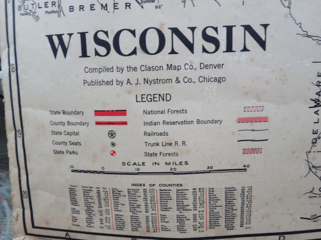 Wisconsin wall map, compiled by Clason Map Co and published by Nystrom, color