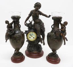 Gorgeous F. Moreau French Figural clock and side vases, titled Premier Fruit