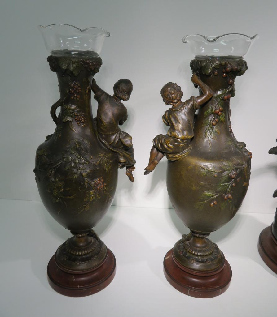 Gorgeous F. Moreau French Figural clock and side vases, titled Premier Fruit