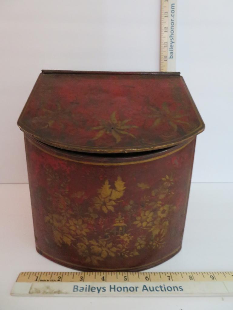 Metal decorated tea tin, lift top, 9" tall and 8" wide