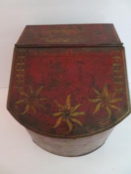 Metal decorated tea tin, lift top, 9" tall and 8" wide