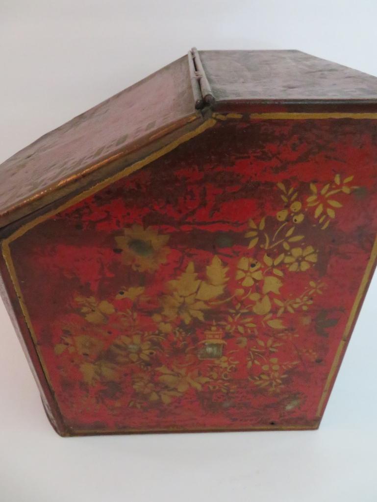 Metal decorated tea tin, lift top, 9" tall and 8" wide