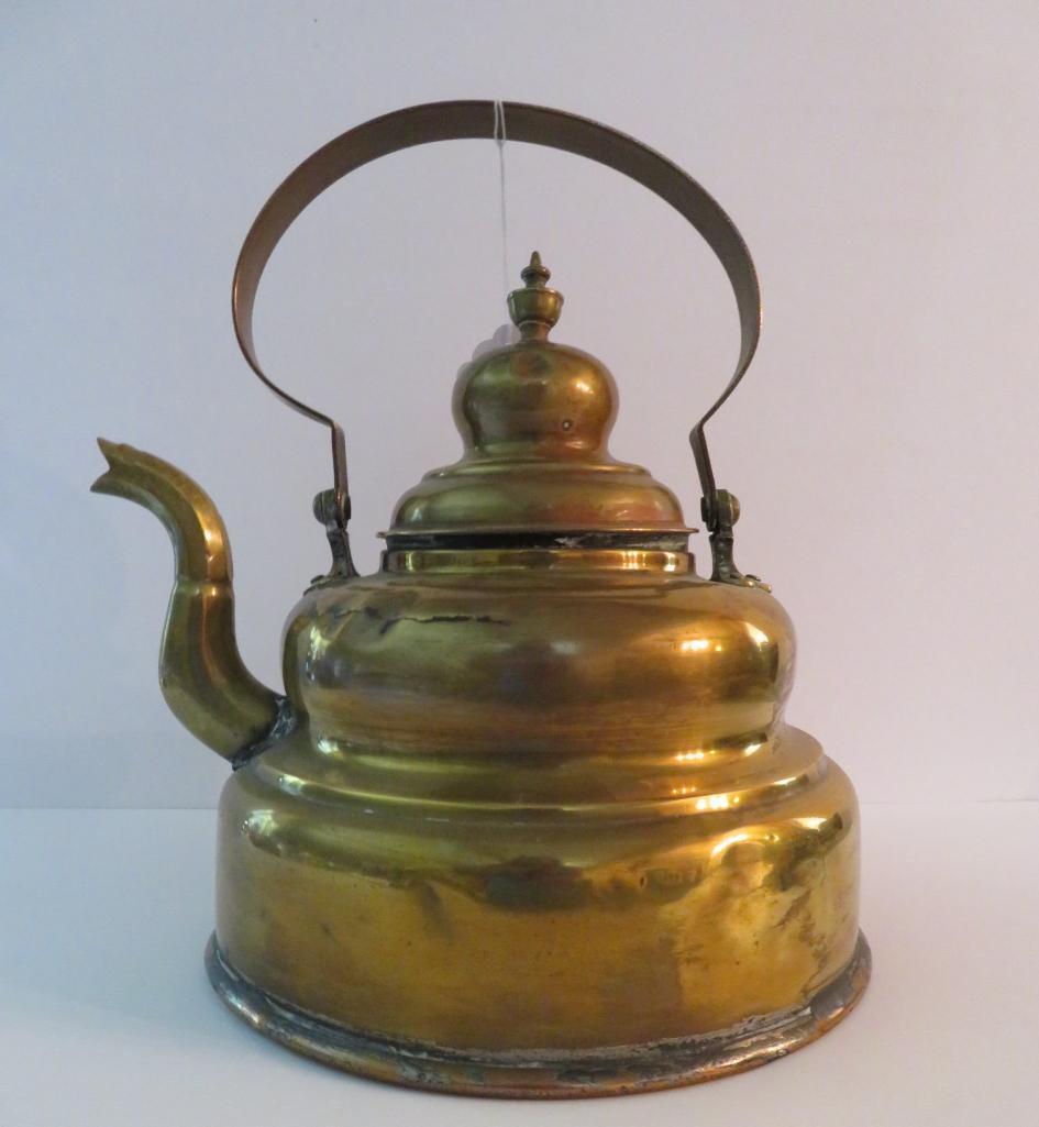 Primitive tea kettle, copper and brass, 12"