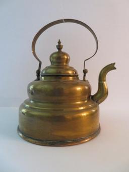 Primitive tea kettle, copper and brass, 12"