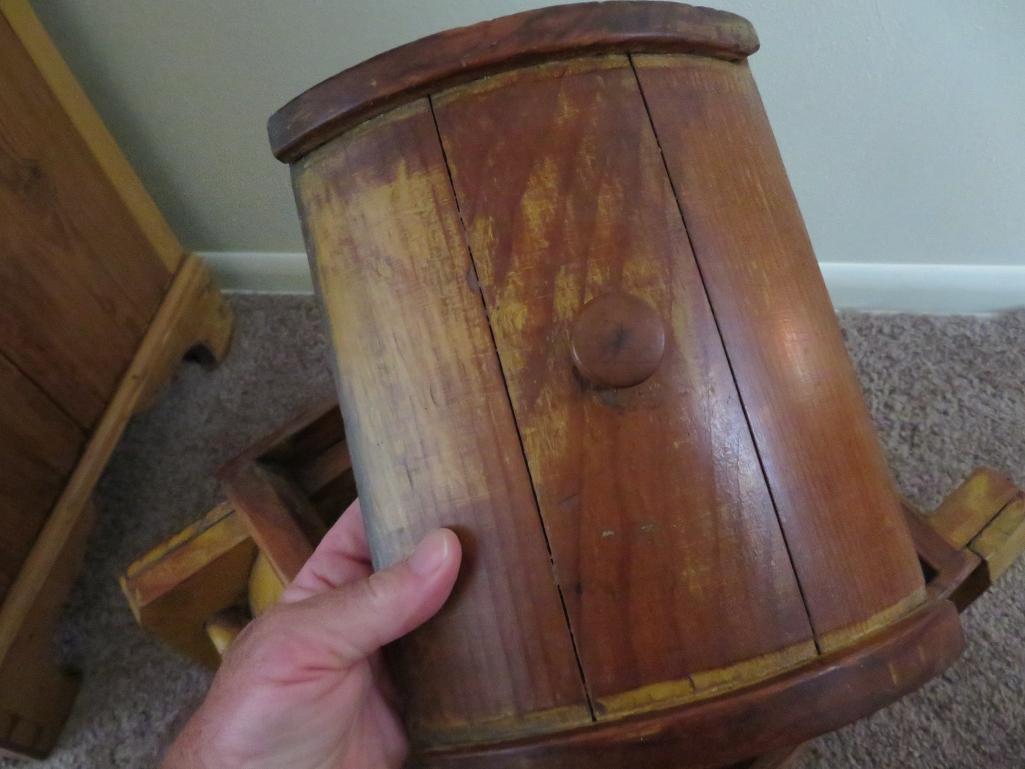 Mustard colored wooden barrel style butter churn, counter top style