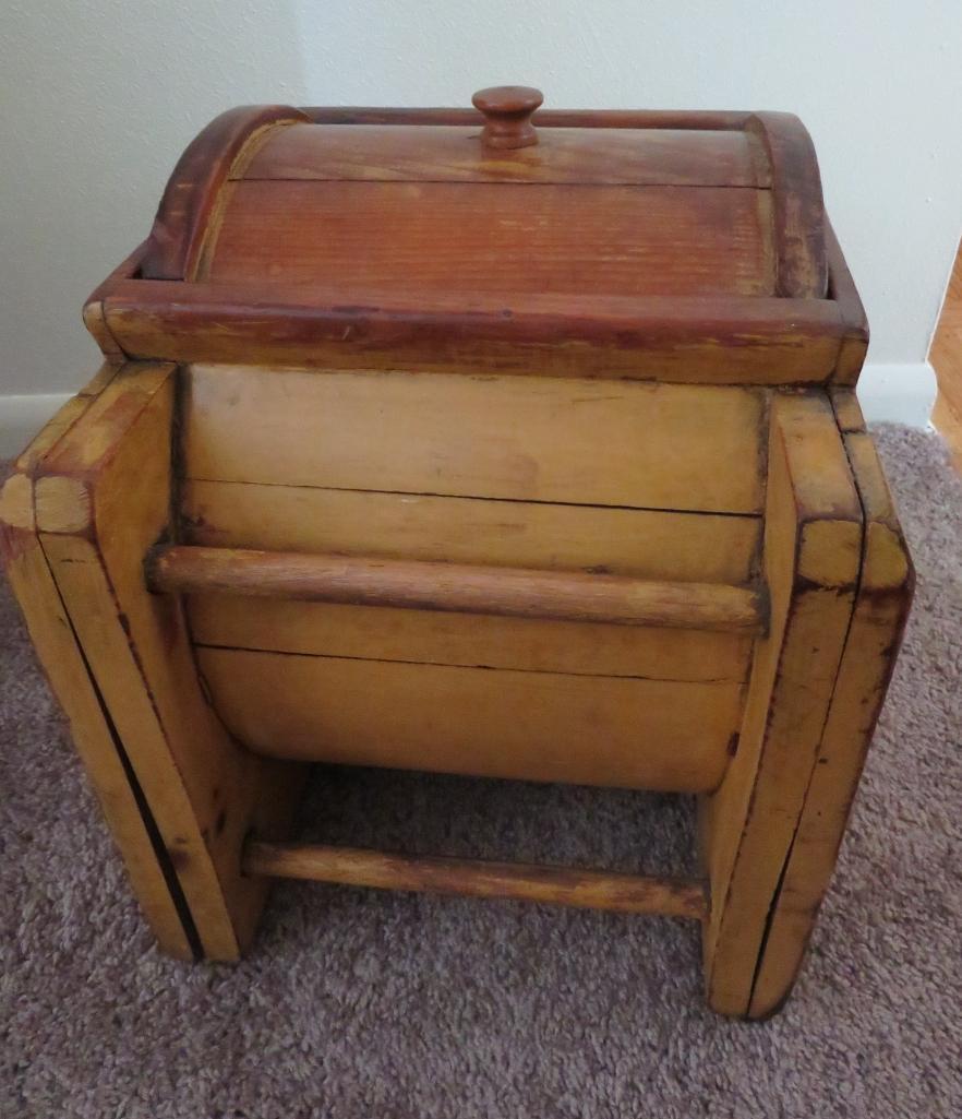 Mustard colored wooden barrel style butter churn, counter top style