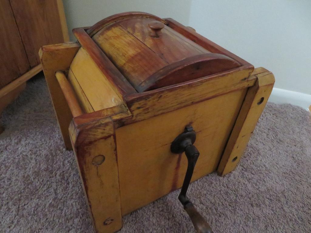 Mustard colored wooden barrel style butter churn, counter top style