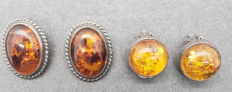 Two Pair of Amber and Sterling Clip Earrings