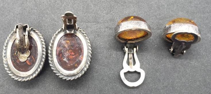 Two Pair of Amber and Sterling Clip Earrings