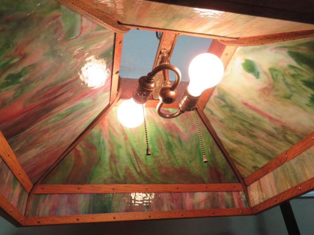 Large Mission style hanging lamp, slag glass panels, oak, working