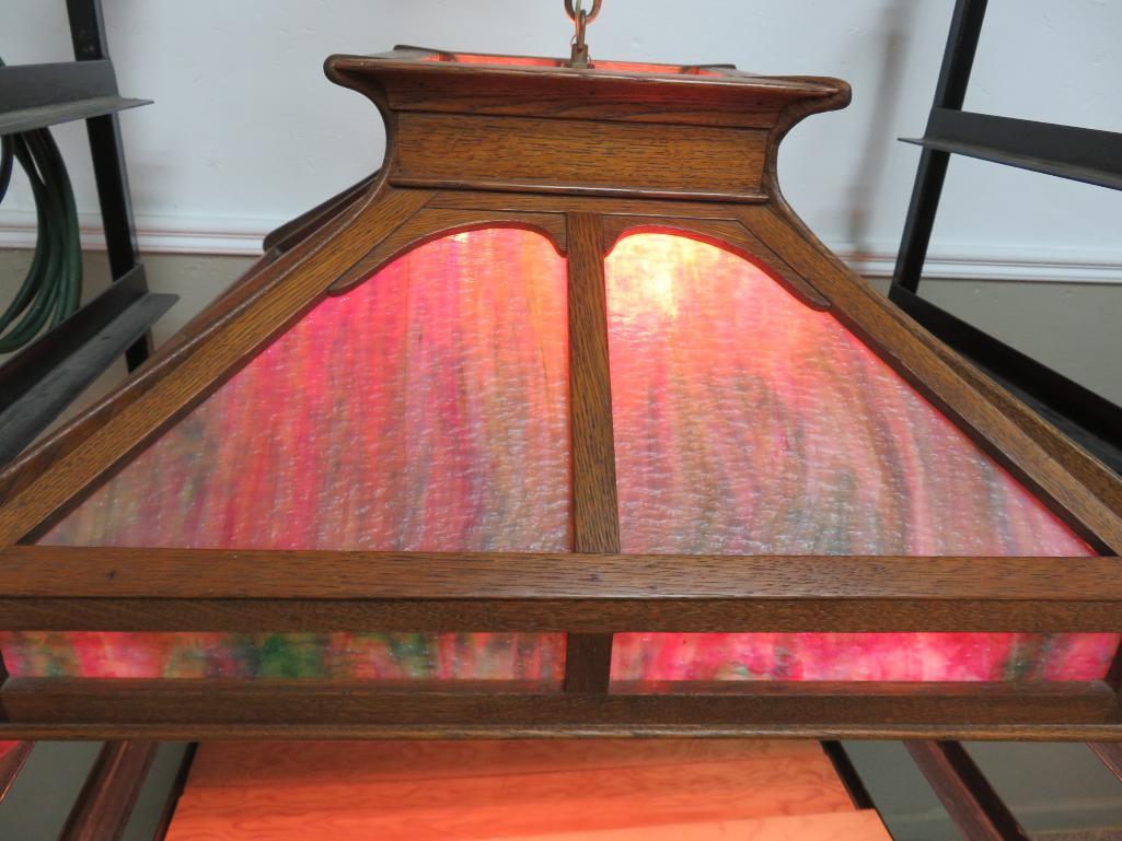 Large Mission style hanging lamp, slag glass panels, oak, working