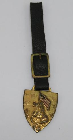 US Cavalry watch fob on leather strap, 5 1/4"