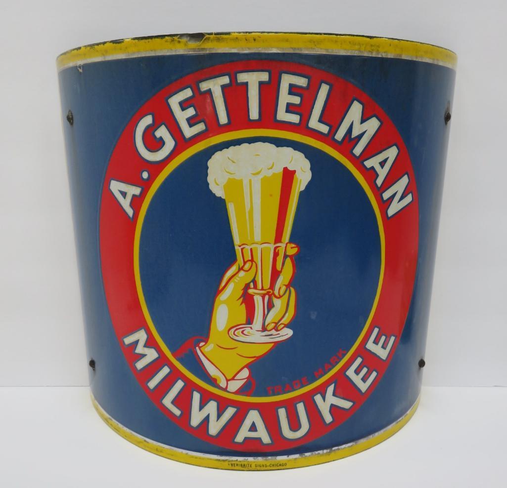 Fantastic A Gettelman enamel corner sign, 15" x 14'