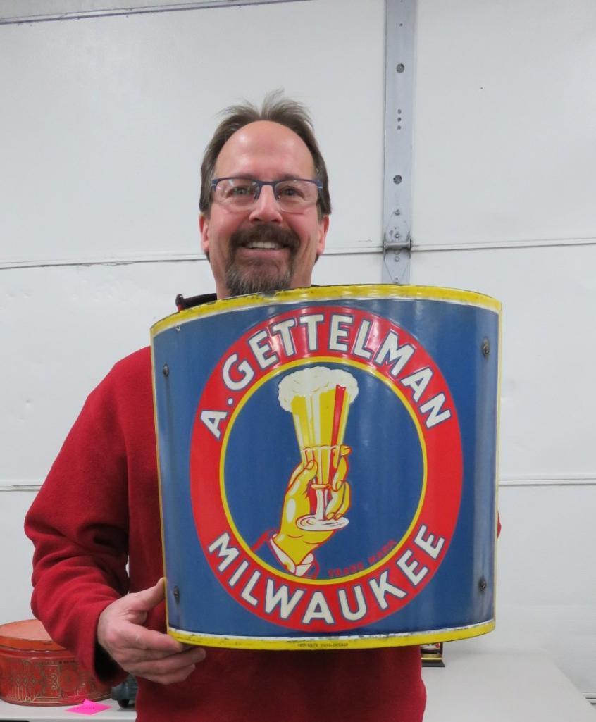 Fantastic A Gettelman enamel corner sign, 15" x 14'