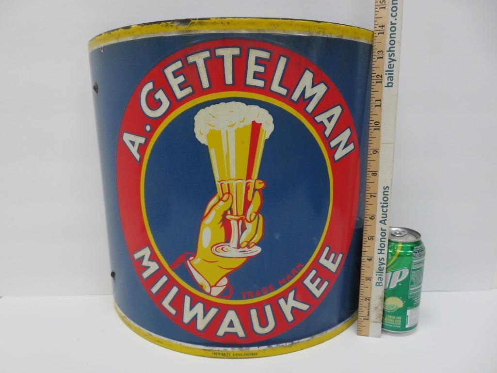 Fantastic A Gettelman enamel corner sign, 15" x 14'