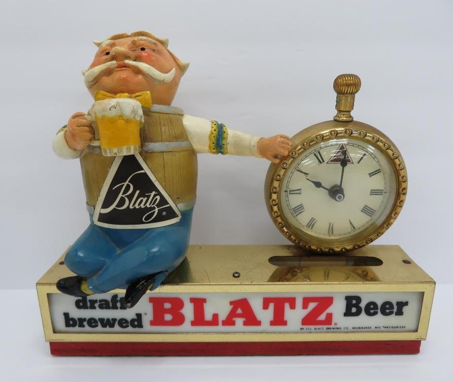 Blatz barrel man clock and lighted sign, working, 11"
