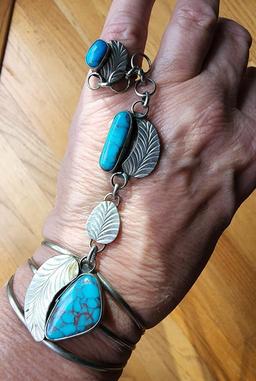 Vintage Native American Sterling Silver and Turquoise "Slave Bracelet"