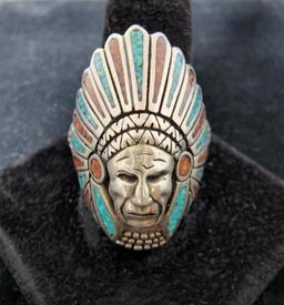 Vintage Navajo Chief Turquoise and Coral Ring