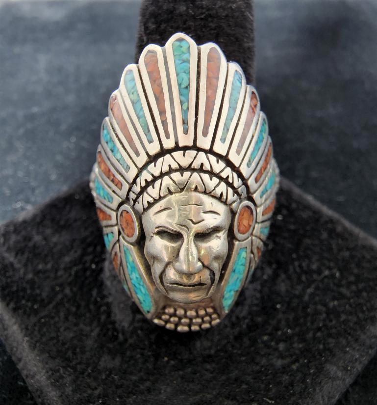 Vintage Navajo Chief Turquoise and Coral Ring