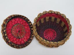 New England antique covered basket, wooden flowers and ribbon, 8"