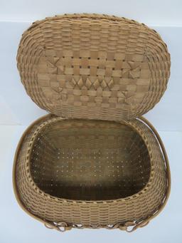 Covered basket, split oak, 18" long and 11" tall, double handled