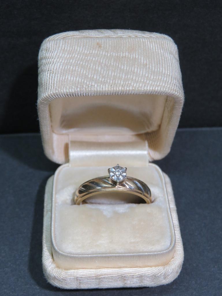 Diamond solitaire ring, marked "10 K", size 6 7/8, with vintage ring box
