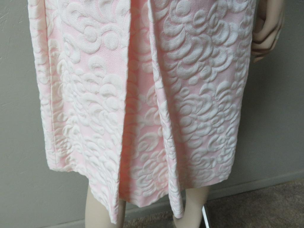 Pink and white brocade jacket and dress, with hat and blusher, 15" across shoulders