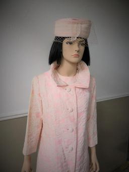 Pink and white brocade jacket and dress, with hat and blusher, 15" across shoulders