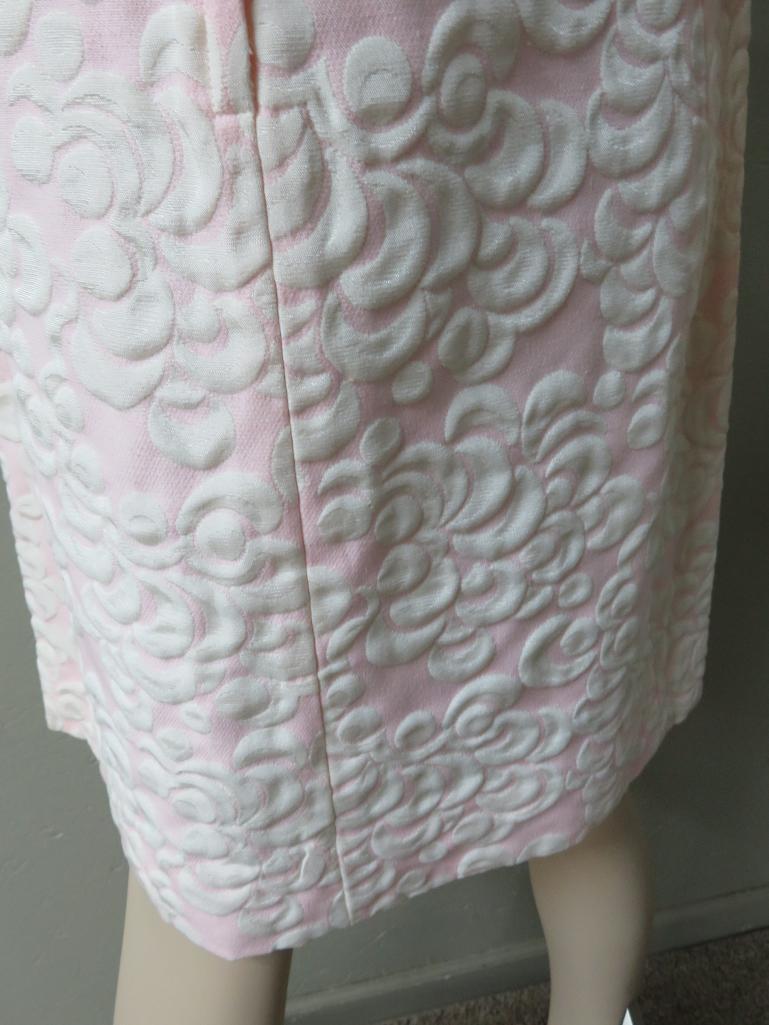 Pink and white brocade jacket and dress, with hat and blusher, 15" across shoulders