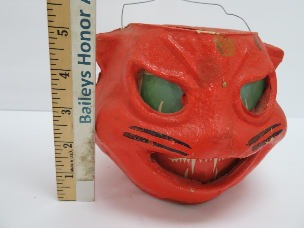 Vintage Paper Mache Halloween cat jack o lantern, paper face, 5 1/2" tall