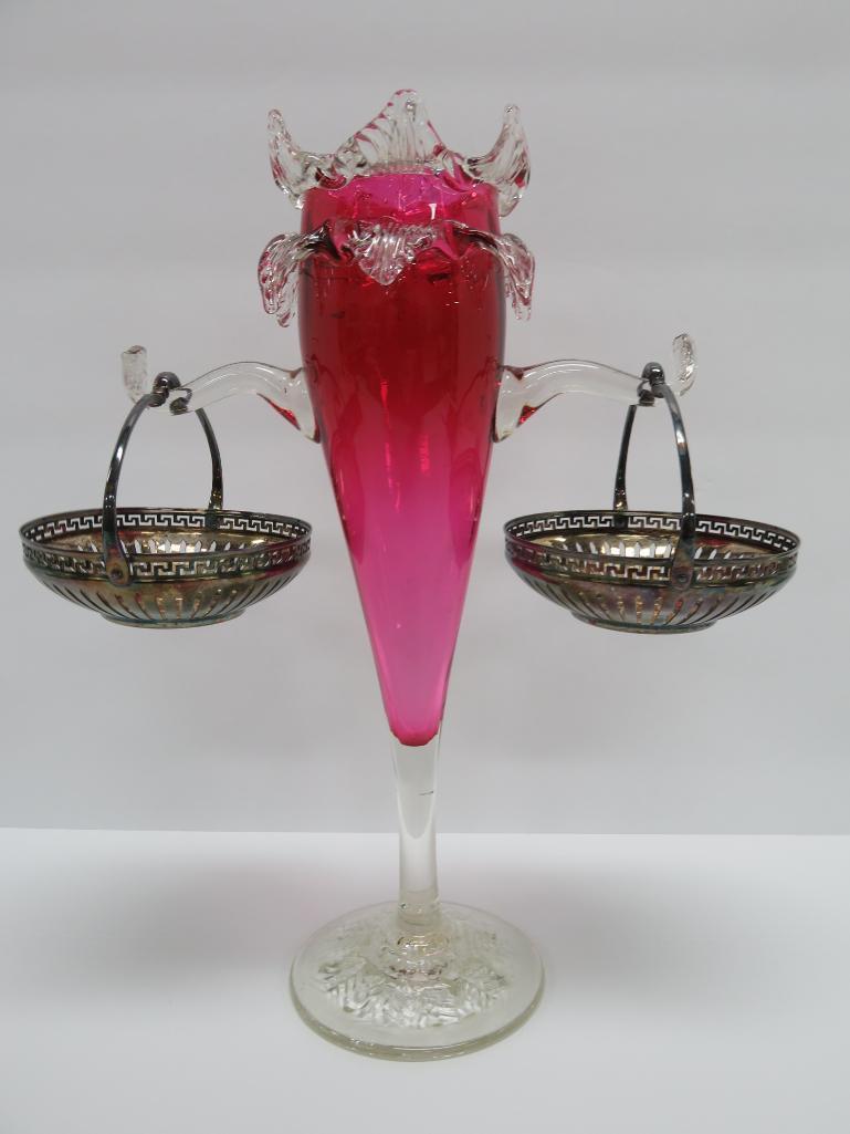 Cranberry glass epergne vase with two silver baskets, 12"