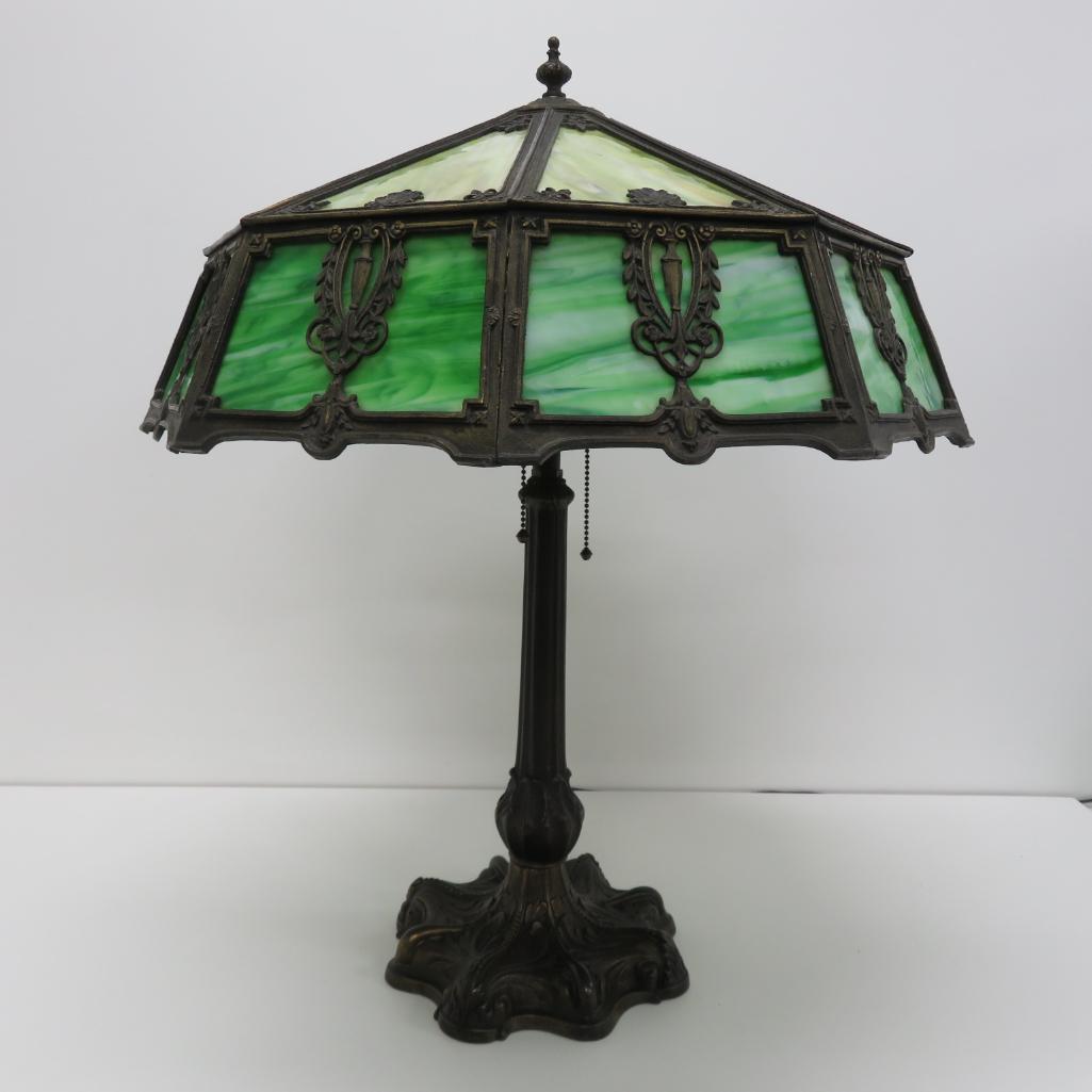 Ornate slag glass table lamp, ornate base 25" tall, shade is 21" diameter