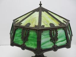 Ornate slag glass table lamp, ornate base 25" tall, shade is 21" diameter