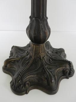 Ornate slag glass table lamp, ornate base 25" tall, shade is 21" diameter
