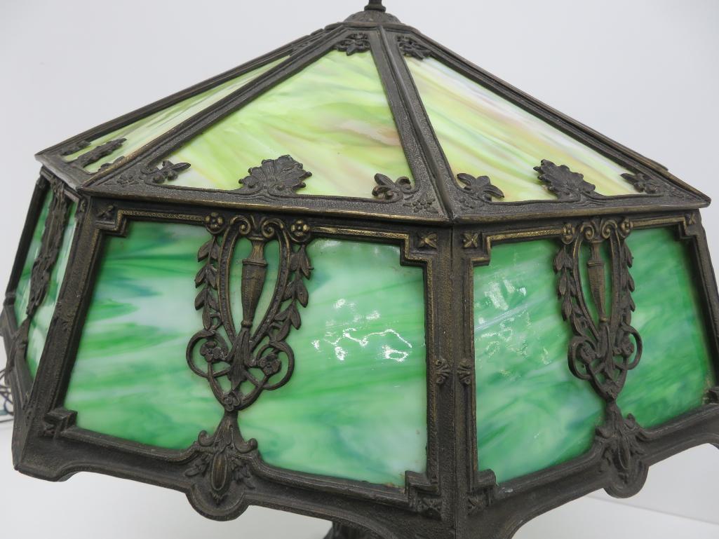 Ornate slag glass table lamp, ornate base 25" tall, shade is 21" diameter