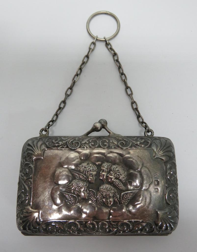 Silver hallmarked coin purse, cherubs, 2" x 3"