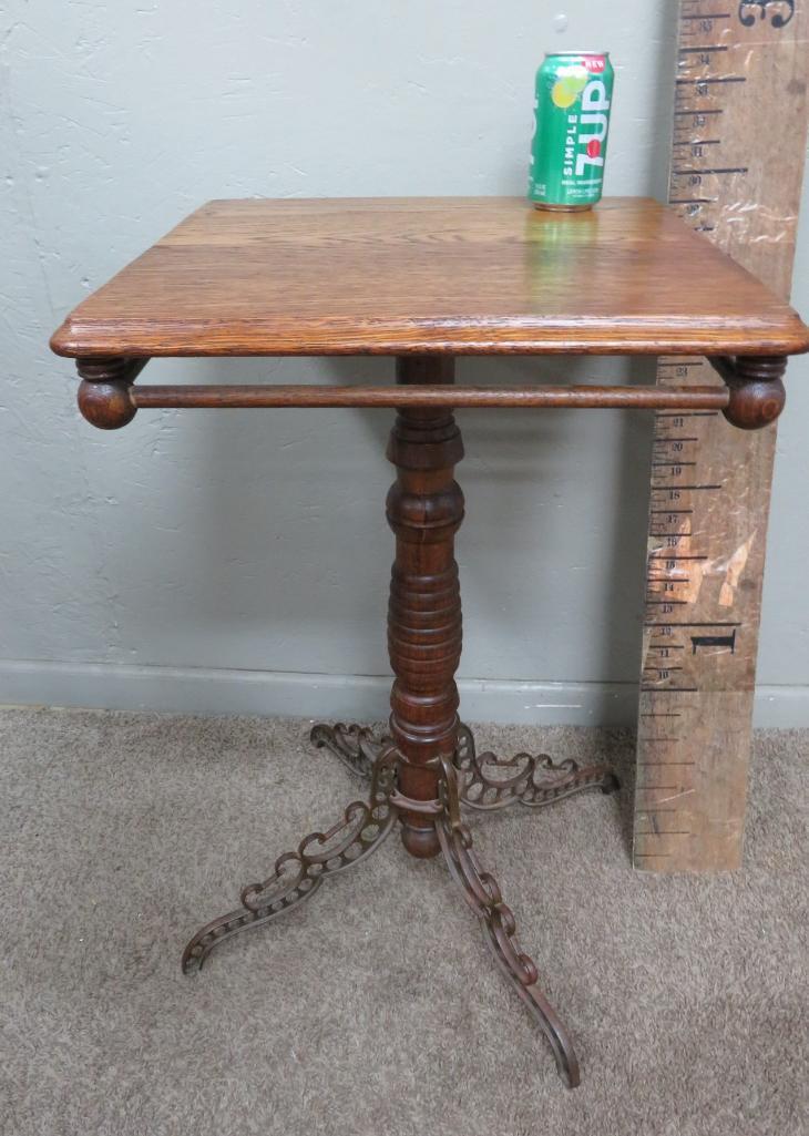 Oak side table with metal legs, 17 1/2" square top, 28" tall