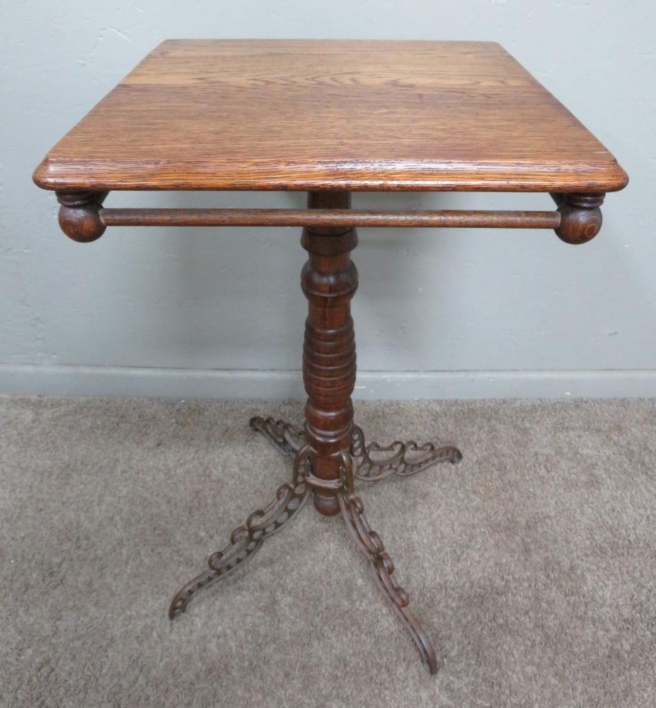 Oak side table with metal legs, 17 1/2" square top, 28" tall