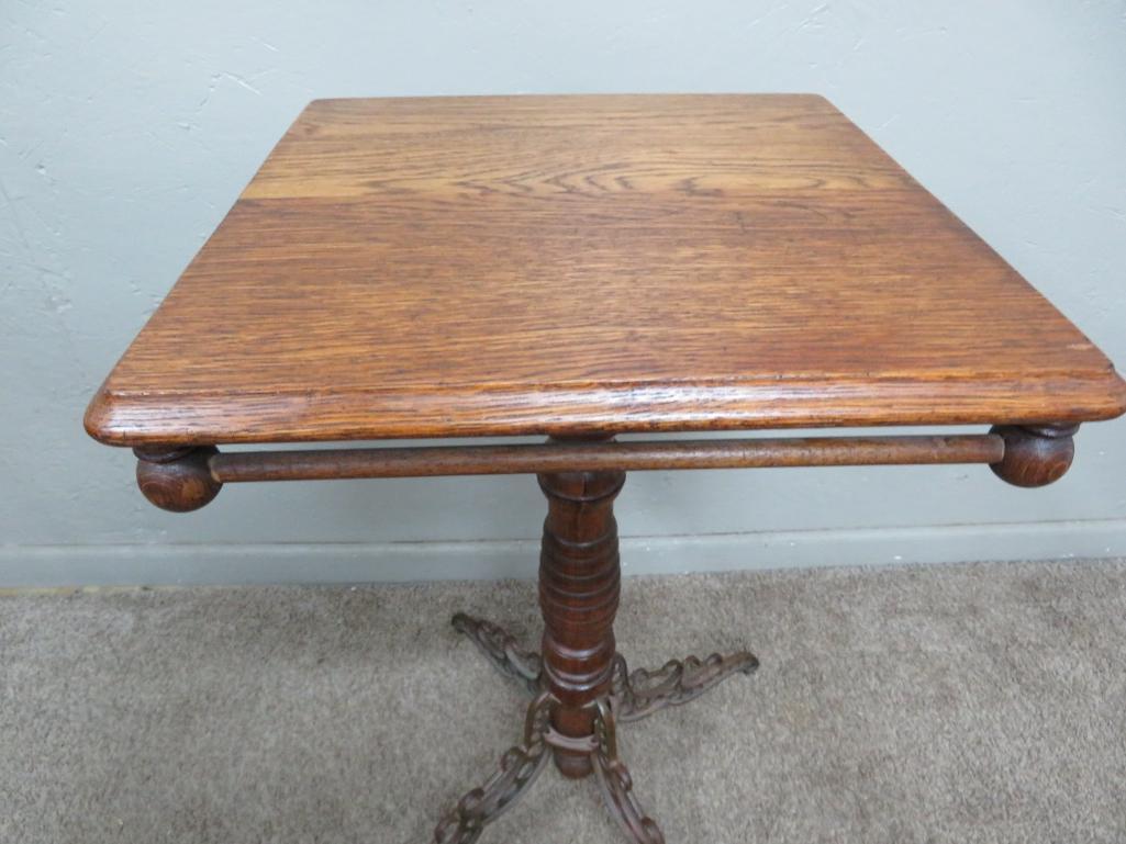 Oak side table with metal legs, 17 1/2" square top, 28" tall