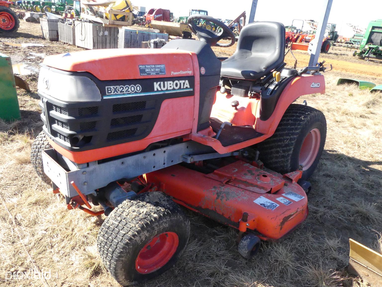 Kubota BX2200 MFWD Tractor, s/n 5H316: Belly Mower, 1139 hrs