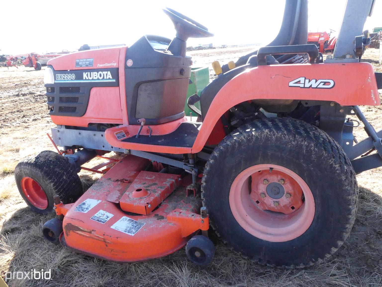 Kubota BX2200 MFWD Tractor, s/n 5H316: Belly Mower, 1139 hrs