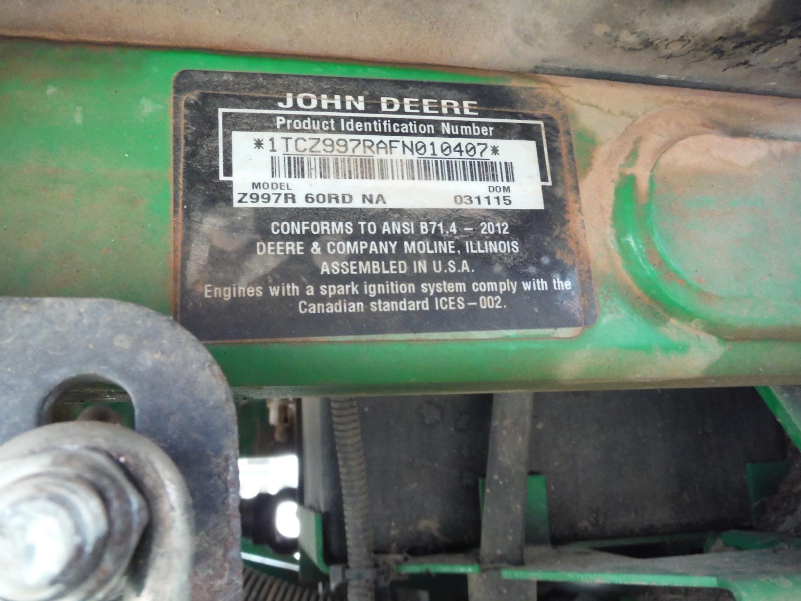 John Deere Z997R Zero-turn Mower, s/n 1TCZ997RAFN010407: (Owned by Alabama
