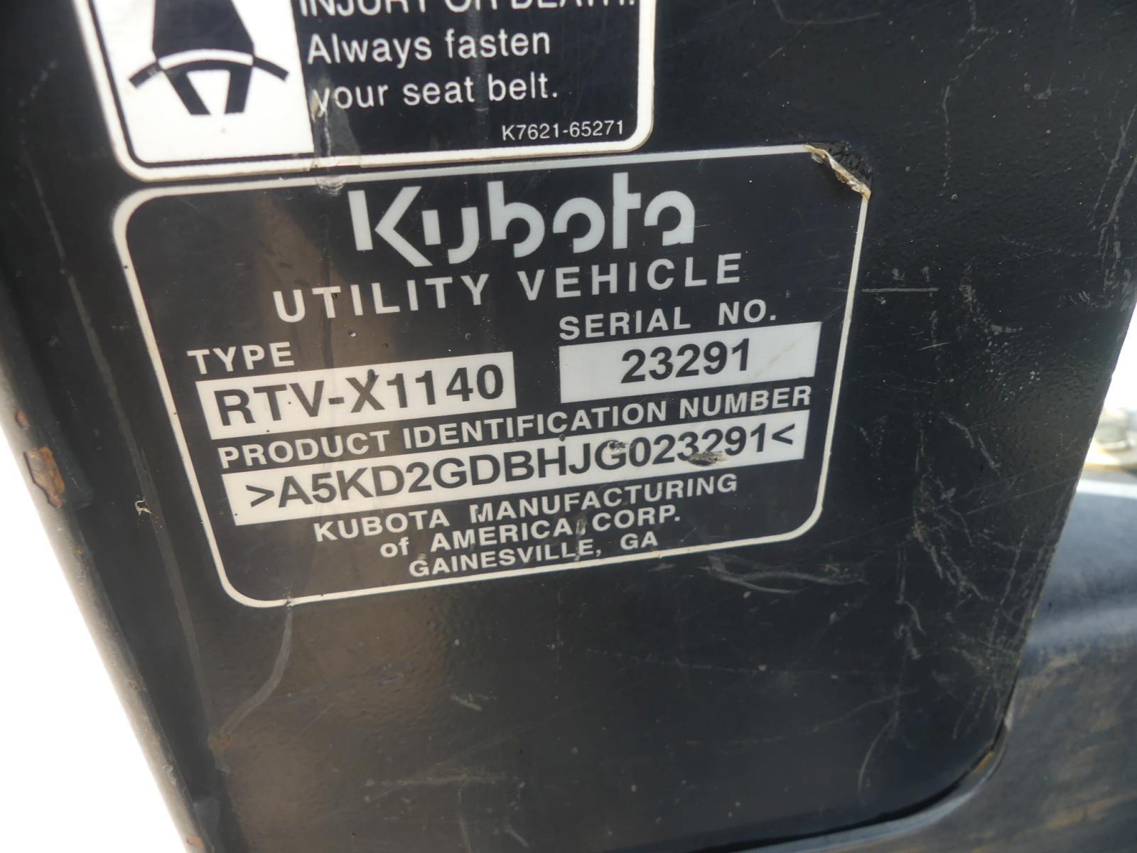 2018 Kubota RTVX1140 4WD Utility Vehicle, s/n A5KD2GDBHJG023291 (No Title -