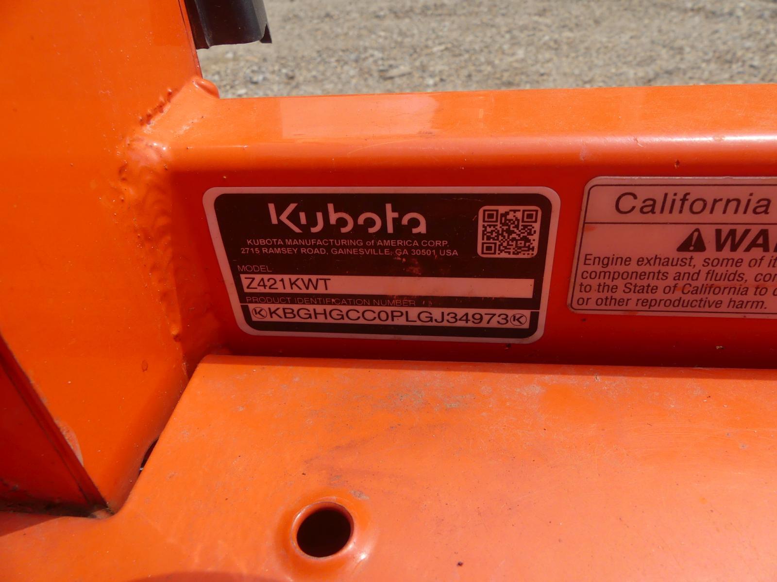 2020 Kubota Z421 Zero-turn Mower, s/n KBGHGCC0PLGJ34973: Warranty Until 07/