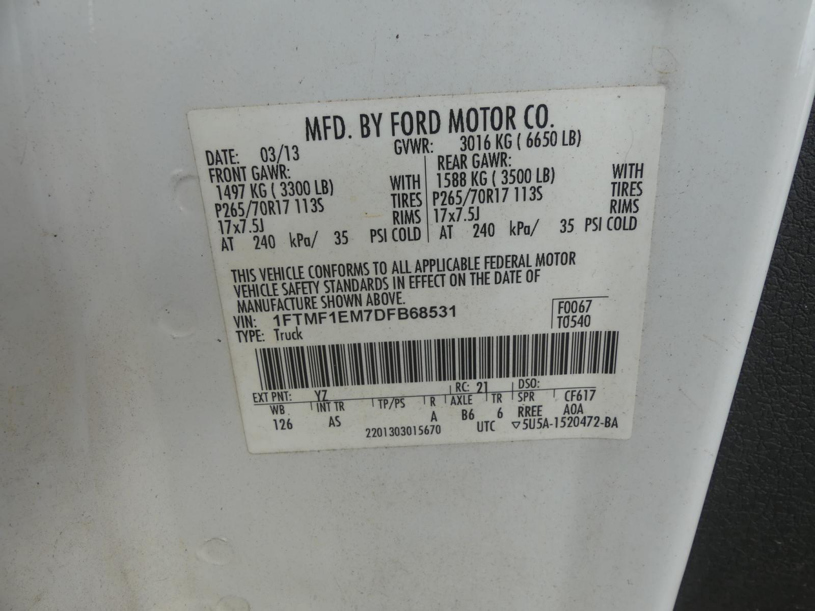 2013 Ford F150 4WD Pickup, s/n 1FTMF1EM7DFB68531: Reg. Cab, Gas Eng., Auto,