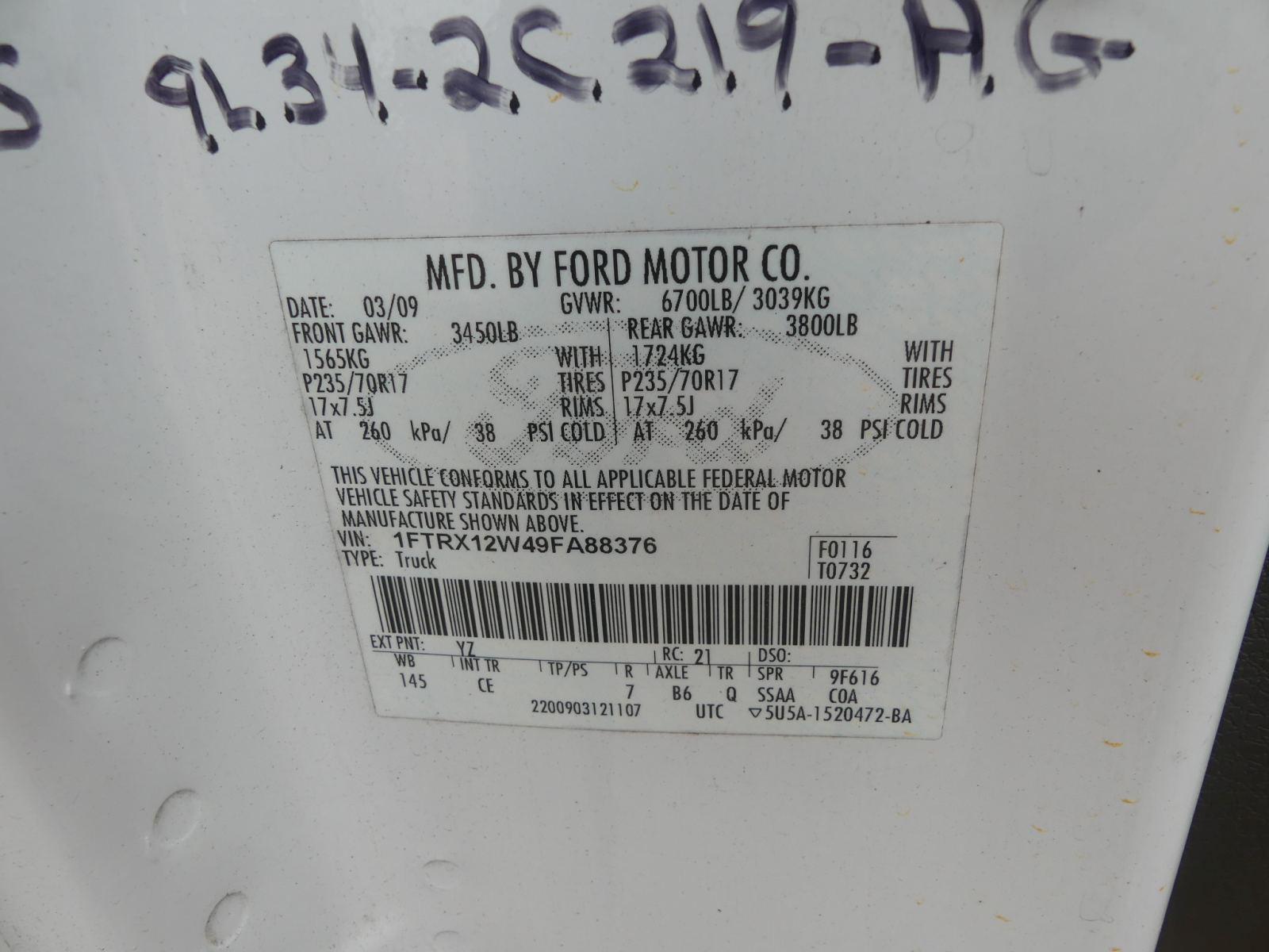 2009 Ford F150 Pickup, s/n 1FTRX12W49FA88376: 2wd, Ext. Cab, 4.6L Gas Eng.,